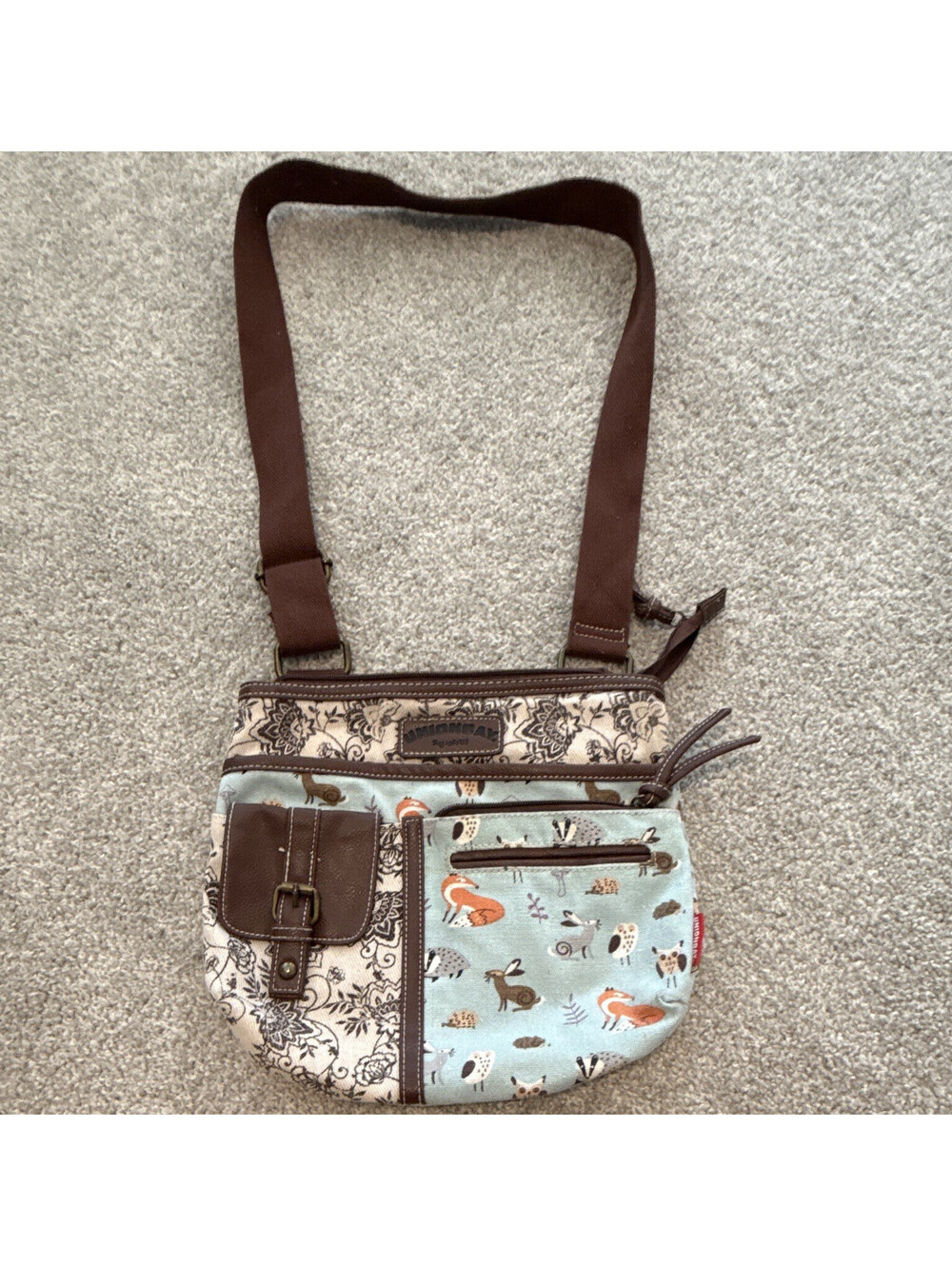 UNIONBAY Women’s Blue Brown Animal Print Crossbody Zip Pockets Adjustable Strap